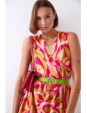 Light patterned dress with a belt, neon green and pink 03040 - Online store - Boutique